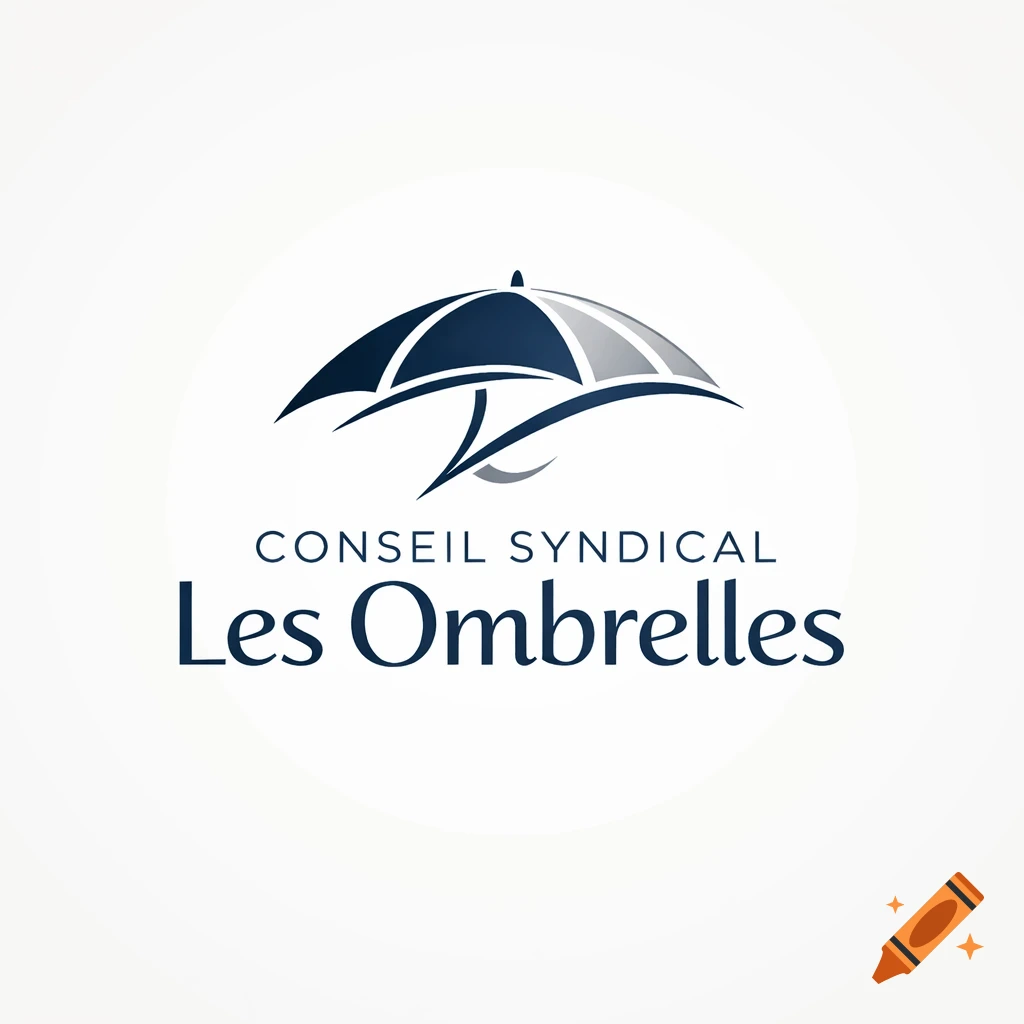 A corporate logo for 'CONSEIL SYNDICAL Les Ombrelles' featuring a stylized dark blue and gray umbrella.