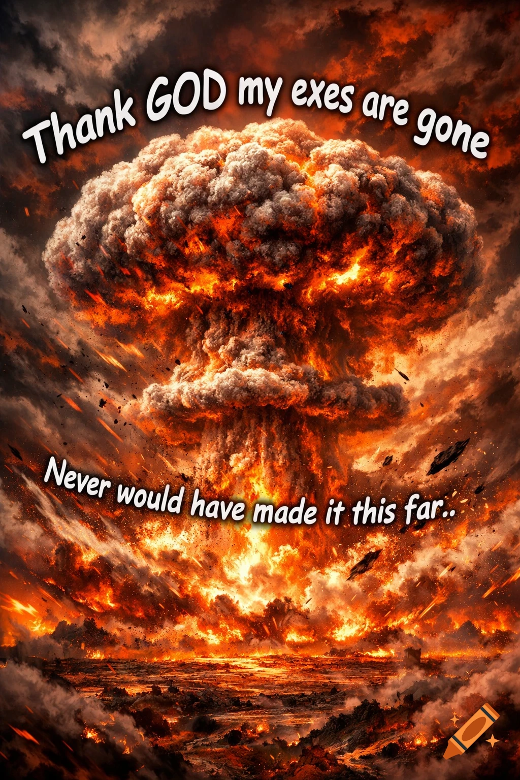A huge nuclear mushroom cloud explosion fills the sky with fire and smoke. Text reads 'Thank GOD my exes are gone. Never would have made it this far..'