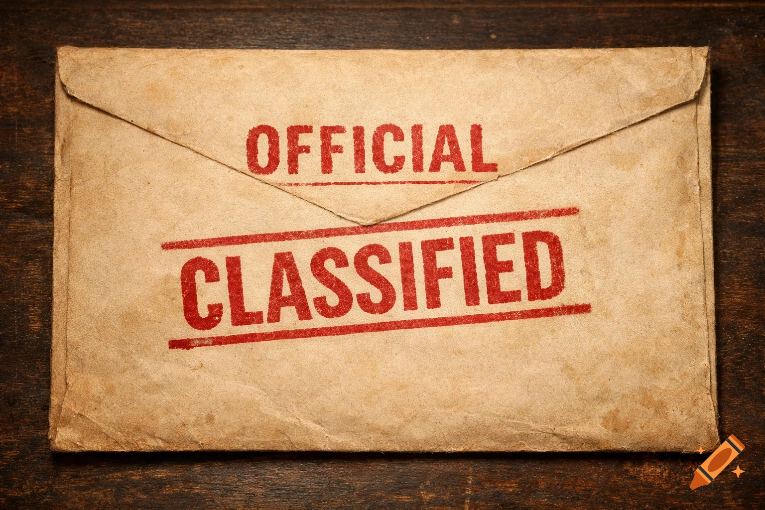 A vintage, crumpled manila envelope with red stamps reading OFFICIAL and CLASSIFIED, resting on a wooden surface.