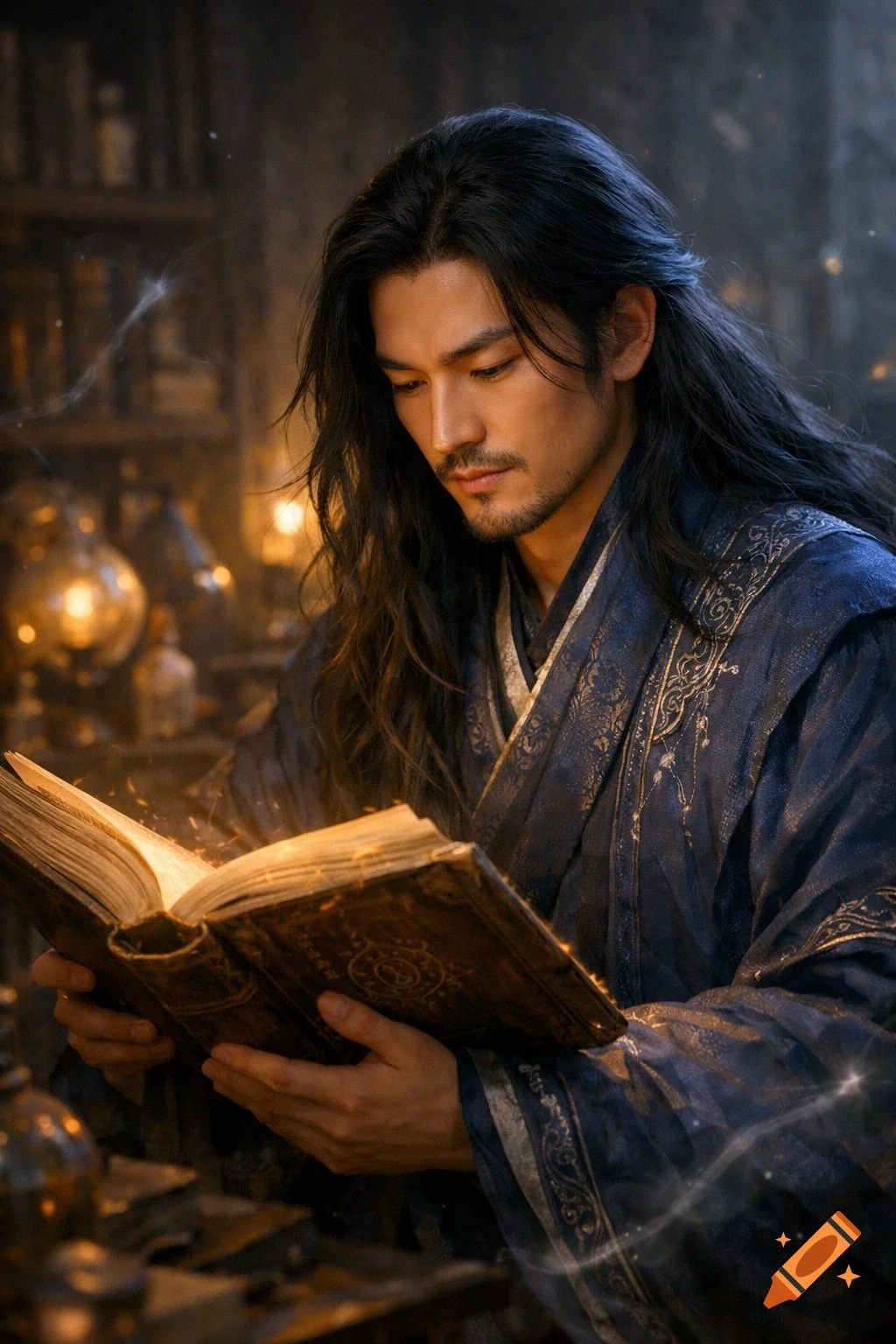 A man with long dark hair and a beard, wearing a blue patterned robe, reads a glowing magic book in a dimly lit library.