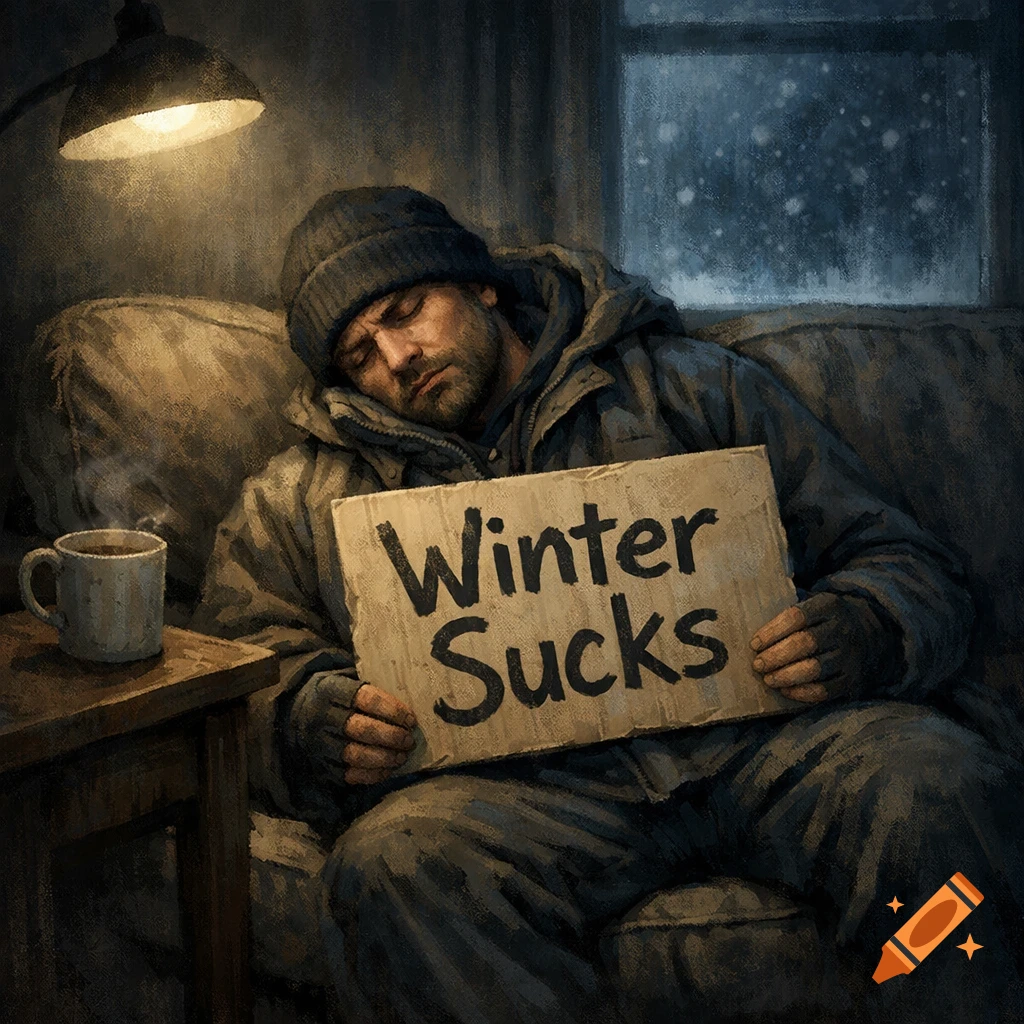 Man in winter clothes sleeps on a couch with a 'Winter Sucks' sign. Snow falls outside window, illuminated by a lamp.