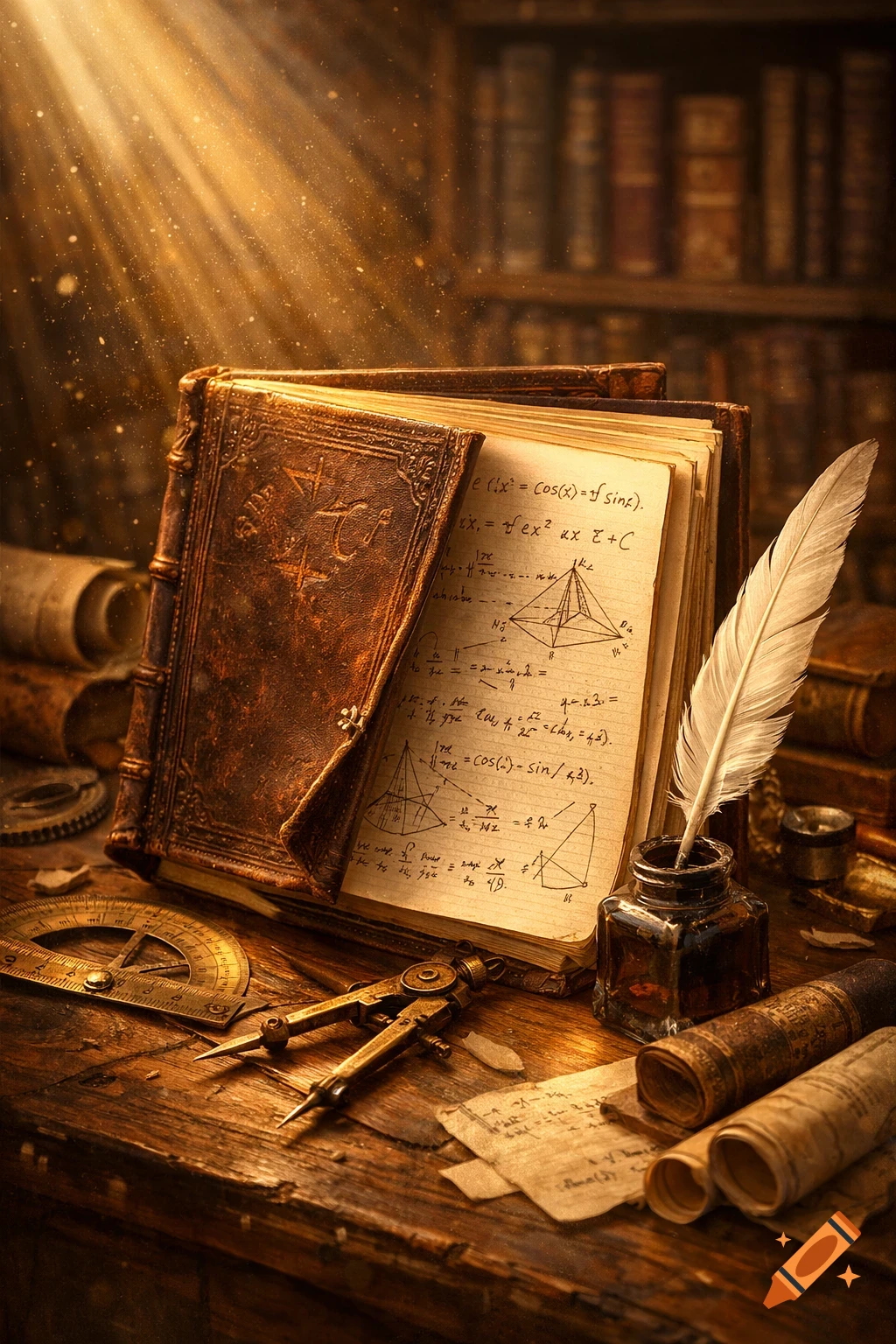 An old open book with mathematical notes and diagrams, a quill in an inkwell, and drawing tools on a wooden desk, bathed in golden light.
