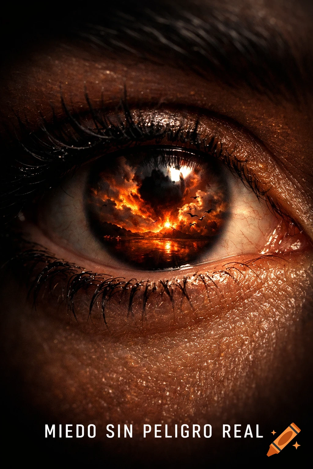 Close-up of a human eye with a fiery sunset and birds reflected in the iris, with text 'MIEDO SIN PELIGRO REAL' at the bottom. Dramatic lighting.