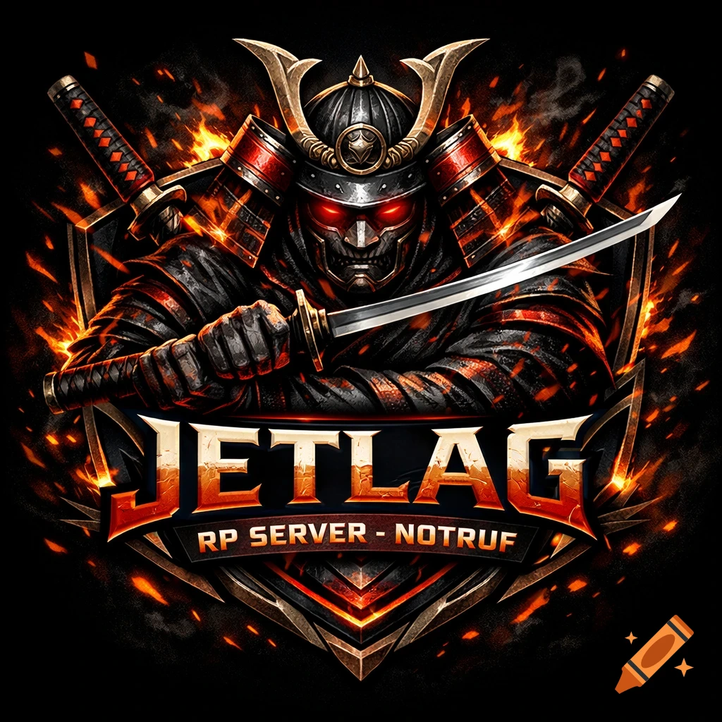 A dramatic esports logo with a samurai warrior, red glowing eyes, and katana, surrounded by fire and sparks. Text reads 'JETLAG RP SERVER - NOTRUF'.