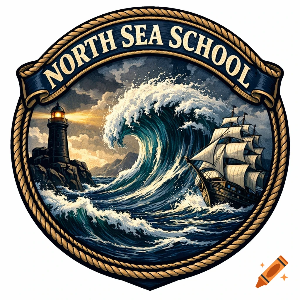 A nautical badge featuring a lighthouse, sailing ship, and large wave, framed by a rope border, with "NORTH SEA SCHOOL" on a banner.
