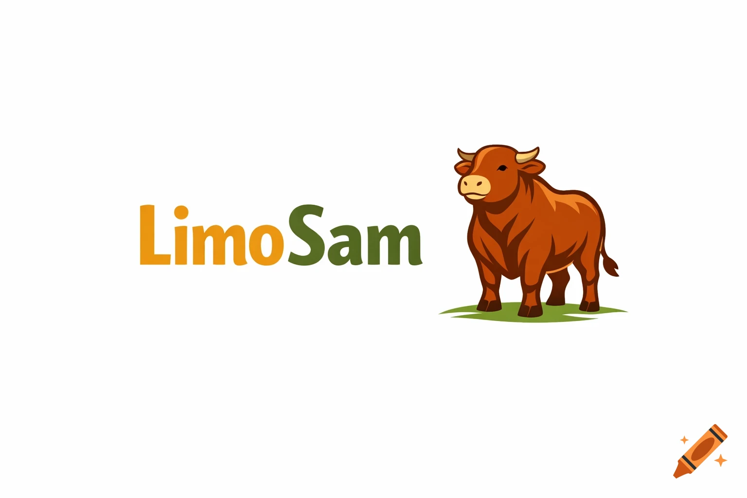 Logo featuring the word LimoSam in orange and green next to a cartoon brown bull standing on green grass.