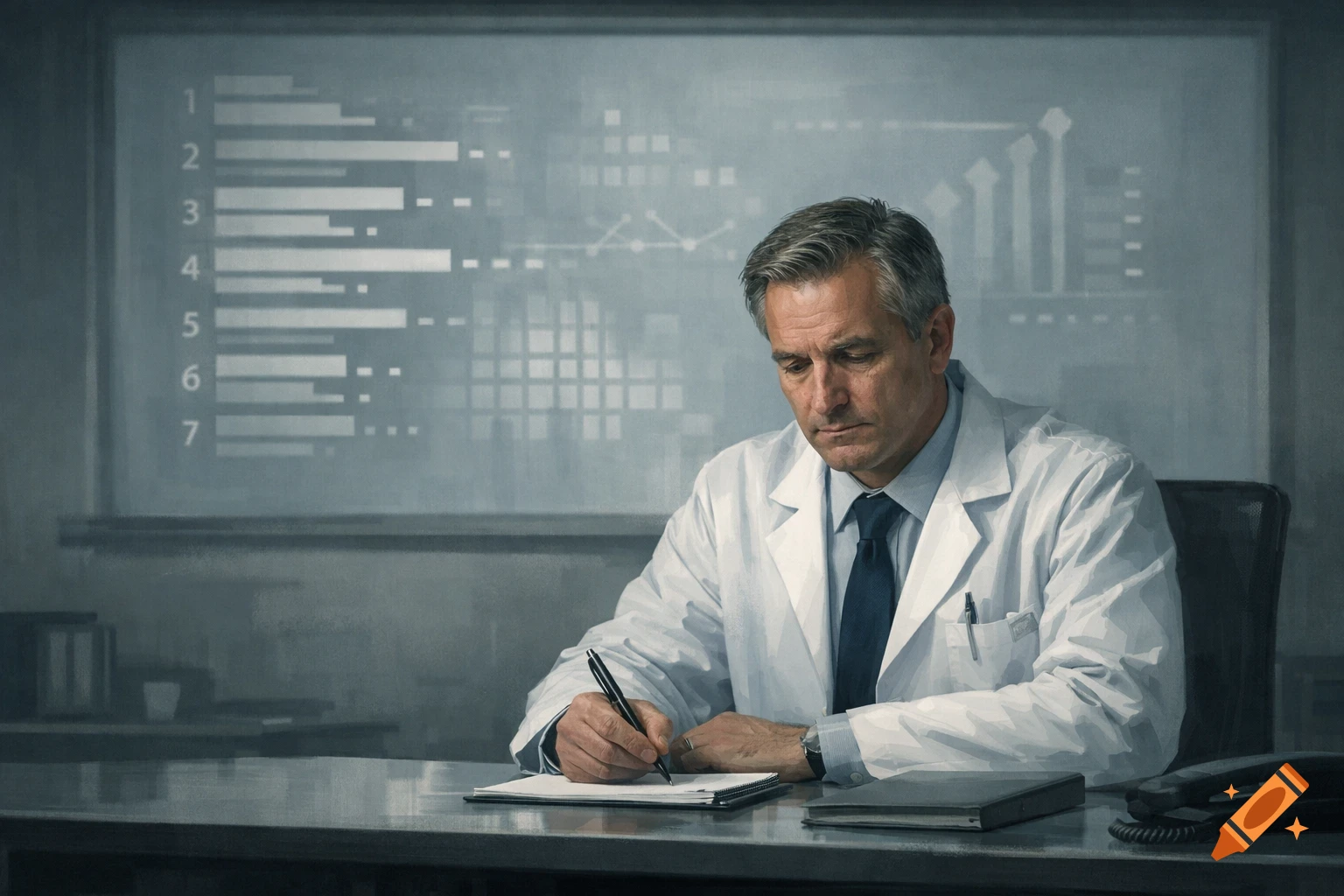 A professional-looking man in a lab coat sits at a desk, writing on a notepad. Data charts are visible on a board in the background.