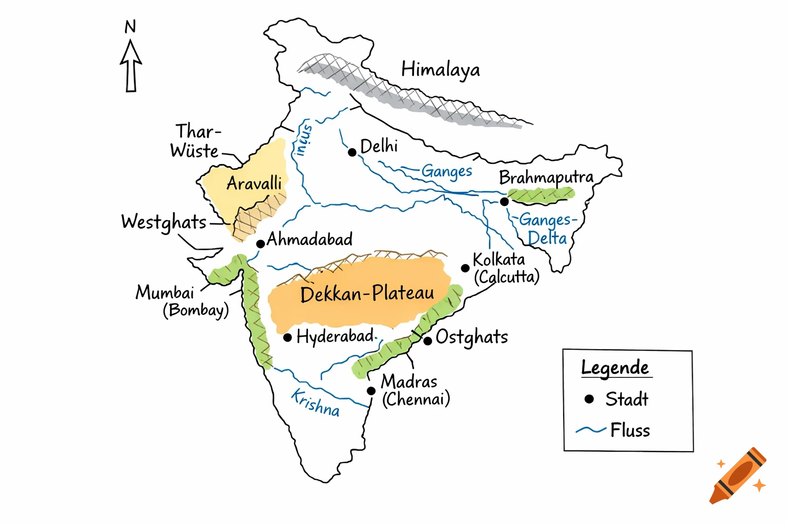 Hand-drawn style physical map of India, showing geographical features, major rivers, and cities with German labels.