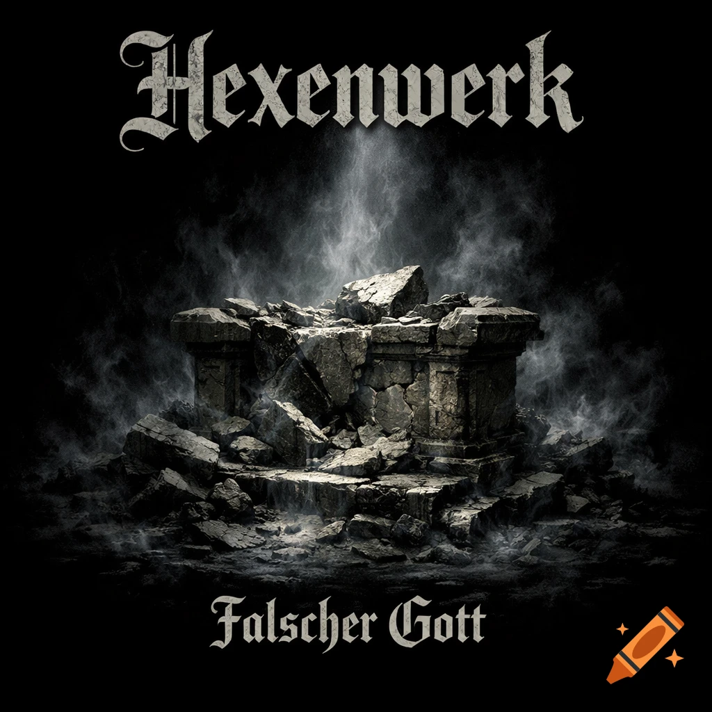 A dark, smoky image featuring a broken stone altar. The German word 'Hexenwerk' is at the top, and 'Falscher Gott' is at the bottom.