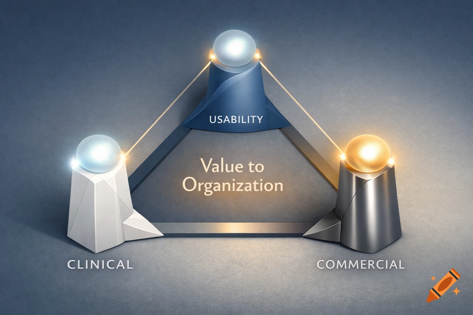A 3D strategic triangle diagram with "Usability", "Clinical", and "Commercial" points around "Value to Organization".