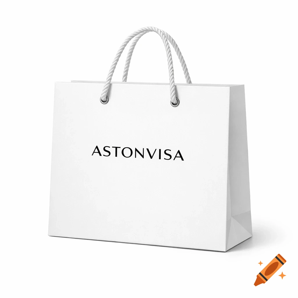 A photorealistic white paper shopping bag with twisted rope handles features the black text 'ASTONVISA' centrally on its front.