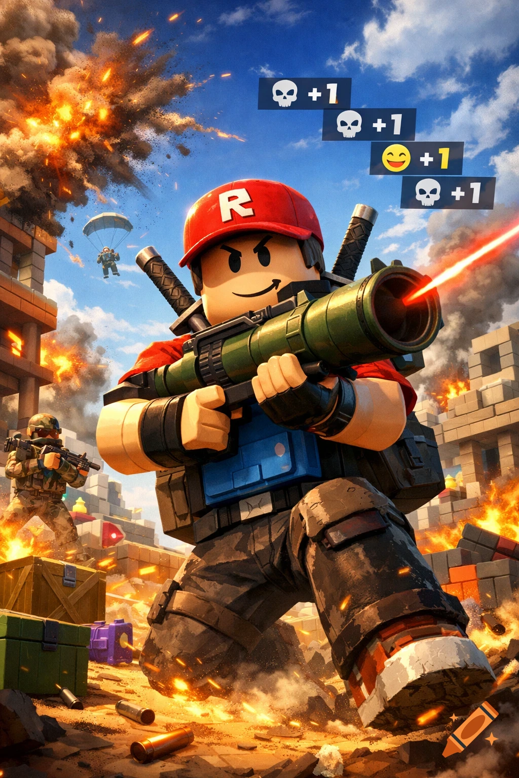 A Roblox character in a red cap and tactical gear fires a rocket launcher in a war-torn, blocky cityscape with explosions and UI elements.