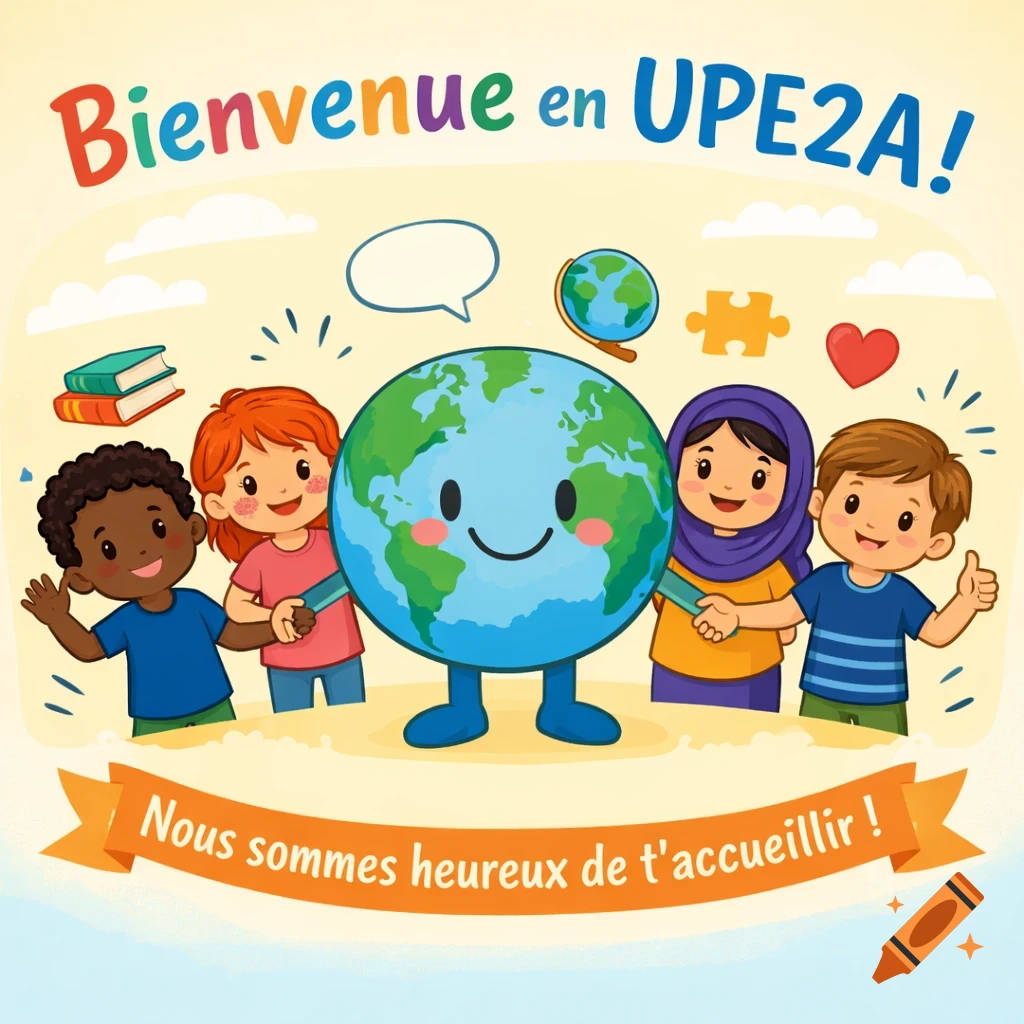 A vibrant cartoon shows diverse children and a smiling Earth holding hands, with French welcoming text for UPE2A students.