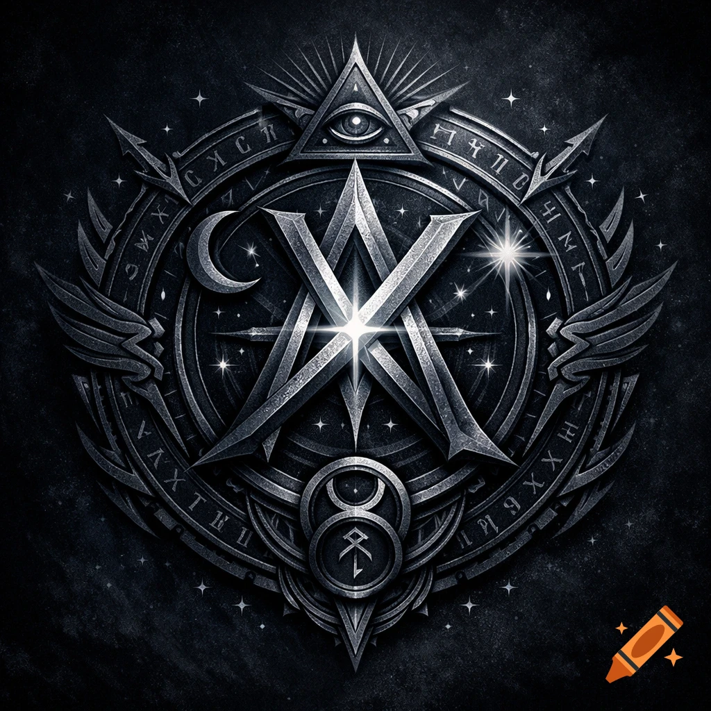 An intricate, dark metallic emblem with a central stylized 'AV' or 'VA', surrounded by a ring of rune-like text, a crescent moon, wings, and an Eye of Providence triangle at the top, against a starry dark background.