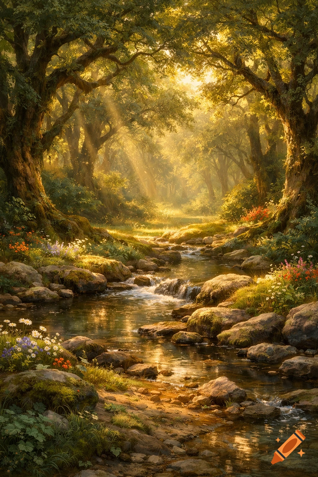 A serene, sun-dappled forest with a rocky stream flowing through mossy banks and wildflowers in a painterly style.