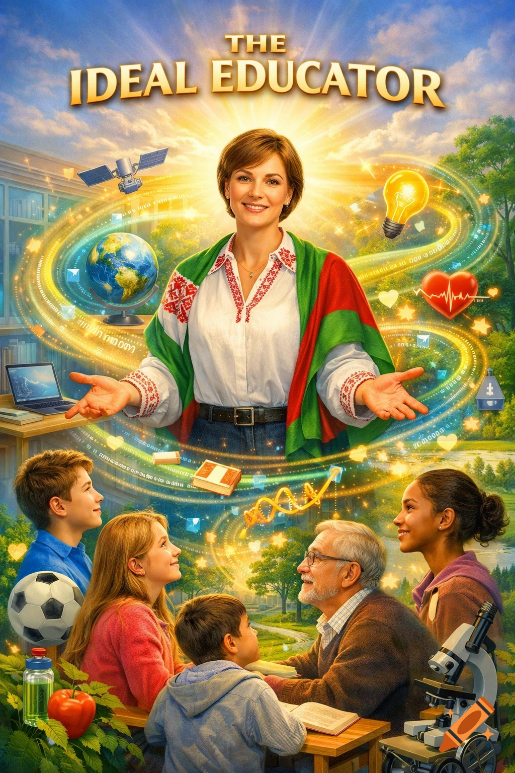 Vibrant poster of a smiling teacher in a Belarusian flag shawl, surrounded by glowing educational symbols and diverse students.