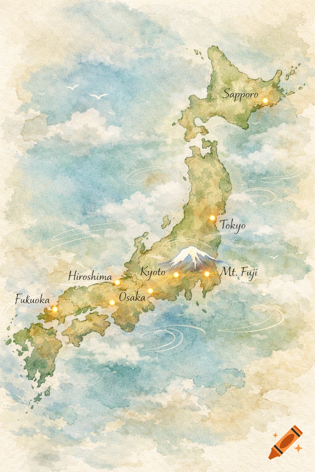 Watercolor map of Japan, highlighting cities like Tokyo, Kyoto, Osaka, Hiroshima, Fukuoka, Sapporo, and Mt. Fuji.