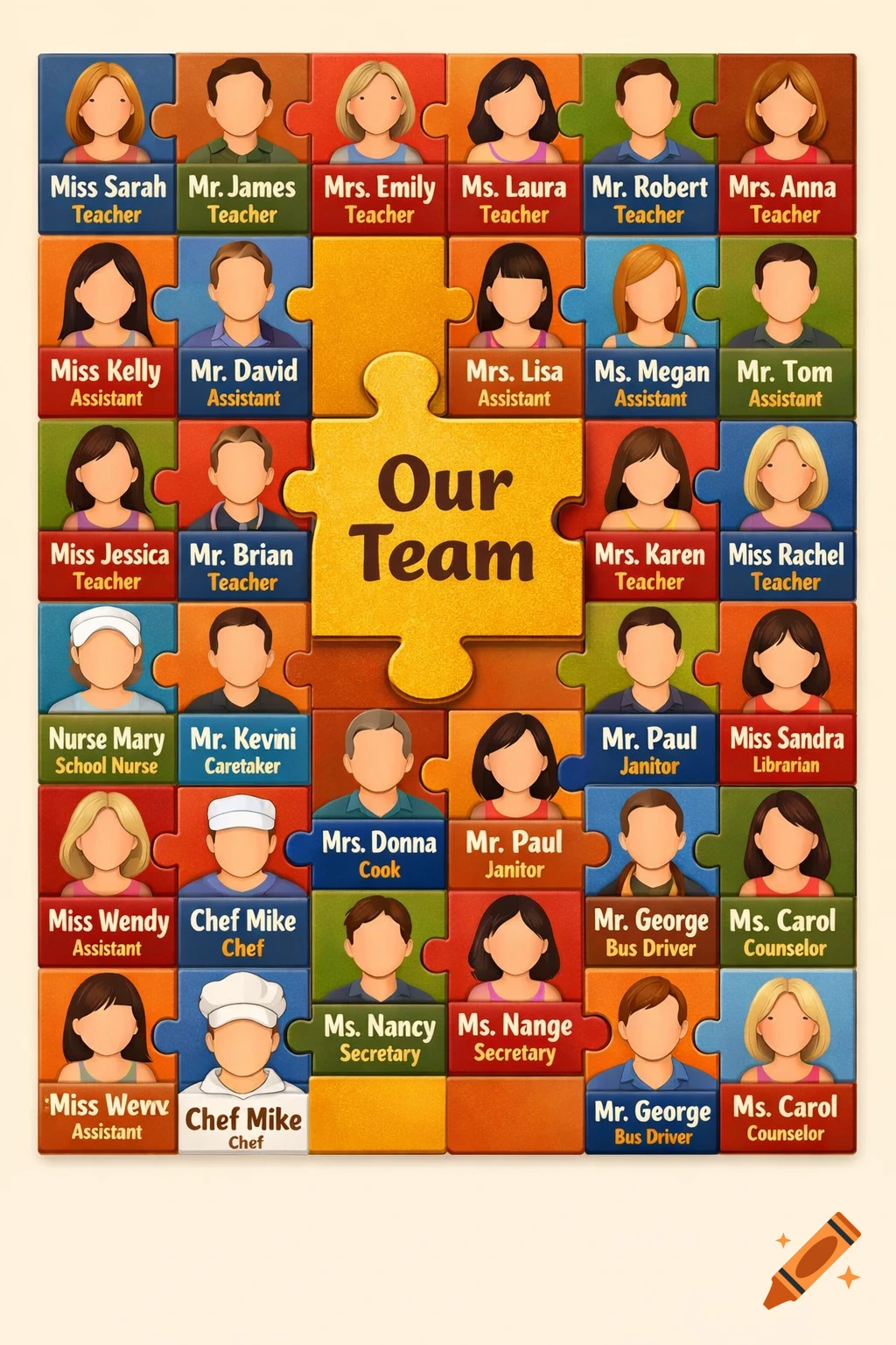 An illustration of a kindergarten team photo, styled as a large puzzle with many pieces. Each piece features a faceless icon of a person with their name and job title below. A large central golden puzzle piece reads 'Our Team' in bold text. The style is friendly and colorful.