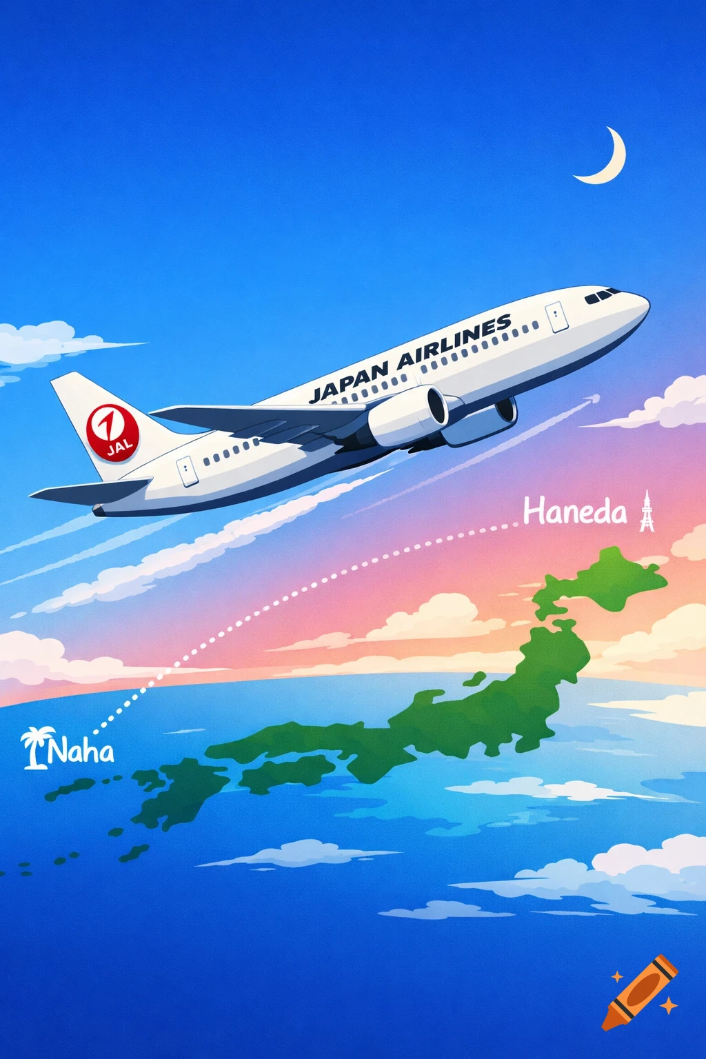 An illustration of a Japan Airlines plane flying over a stylized map of Japan, from Naha to Haneda, under a sunset sky.
