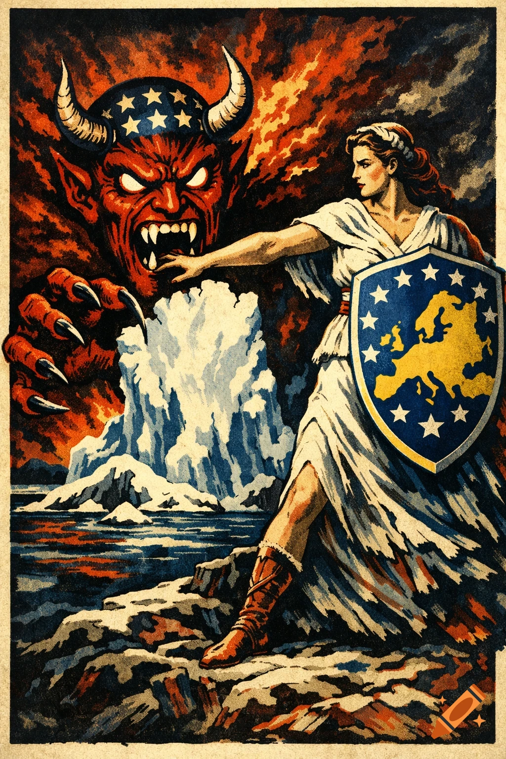WW2 poster style illustration of a woman representing Europe defending an icy land from a red devil with an American flag helmet.