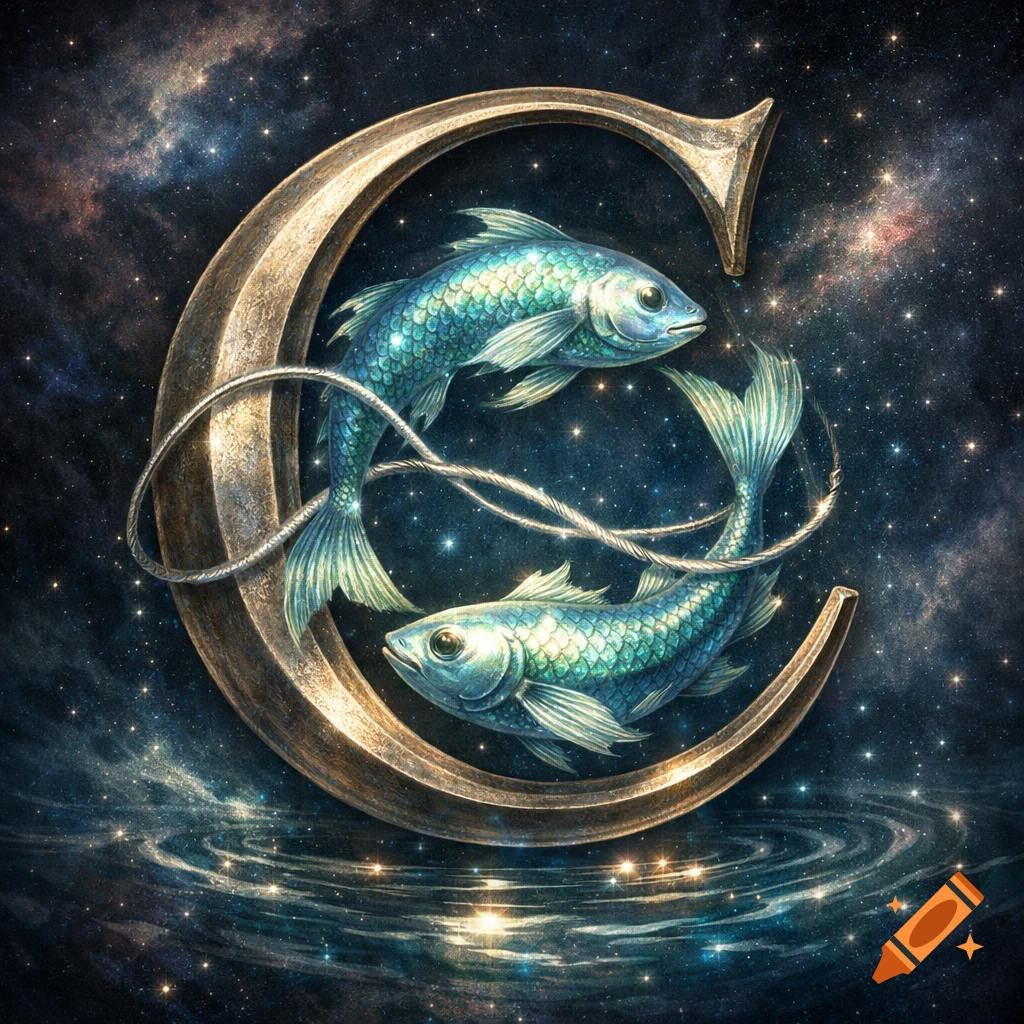 A stylized bronze letter C with two blue-green fish swimming around it, set against a cosmic starry night sky.