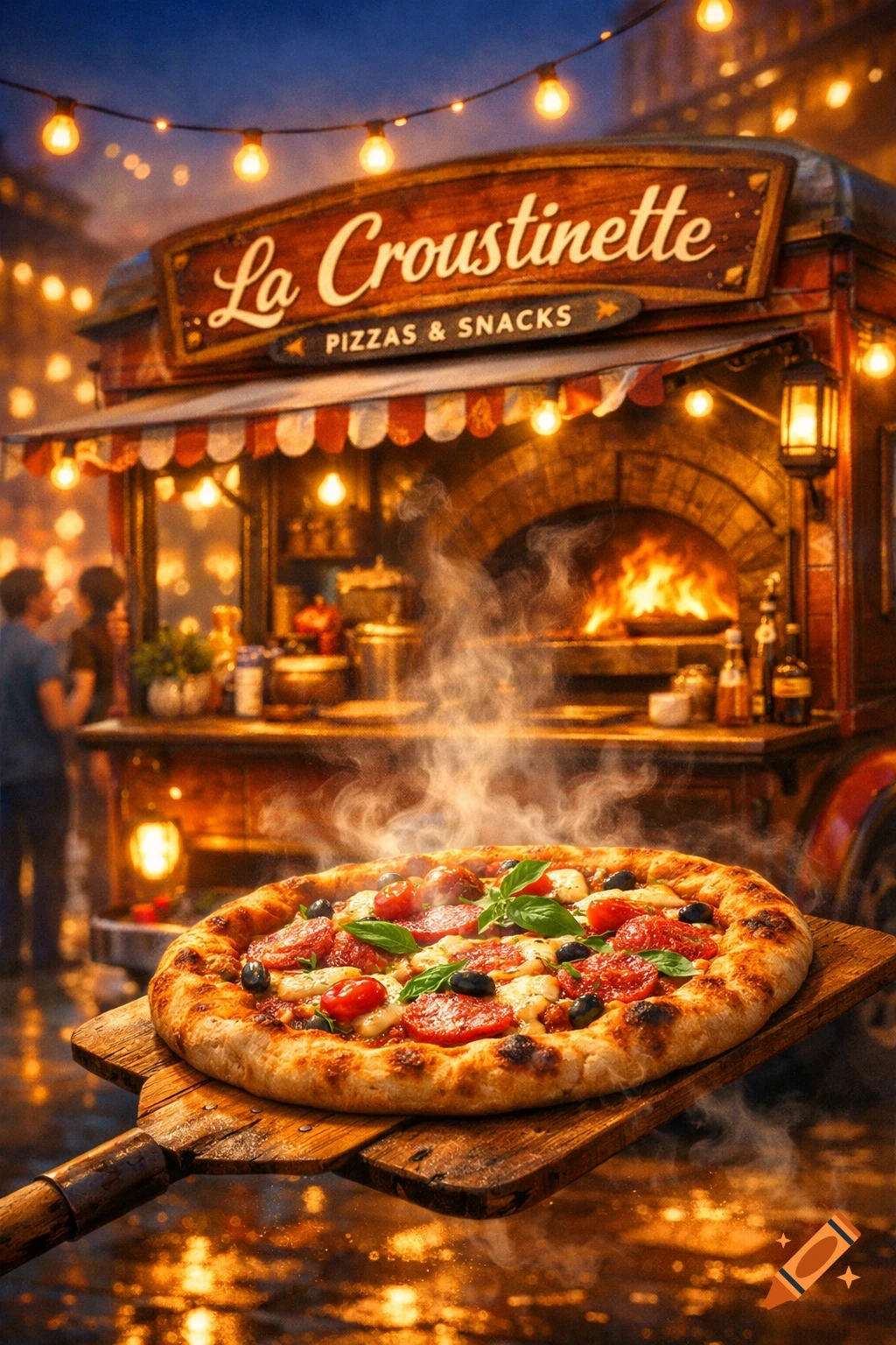 Steaming hot pizza on a peel in front of a brightly lit 'La Croustinette' food truck at night.
