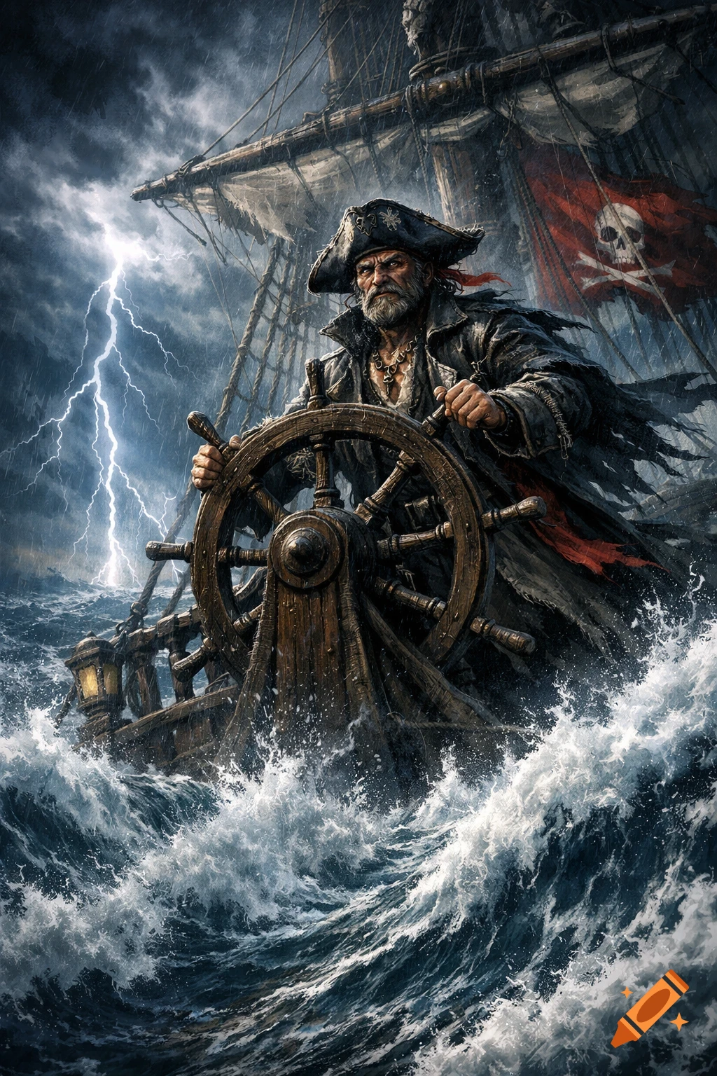 A grizzled pirate captain steers his ship through a stormy sea with lightning striking in the background and a skull flag flying.