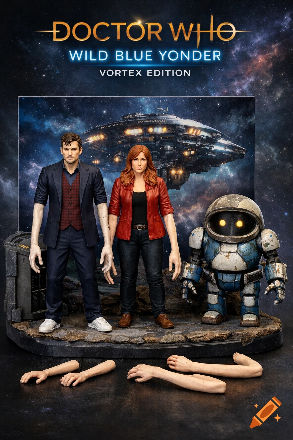 Display of Doctor Who figures: Fourteenth Doctor, Donna Noble with long arms, and robot Jimbo, on a base with a spaceship background and extra arms.