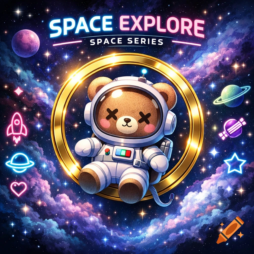 Cute cartoon bear astronaut with X eyes in a spacesuit, floating in a golden ring amidst a vibrant starry galaxy with planets and neon space icons. Text reads 'SPACE EXPLORE / SPACE SERIES'.