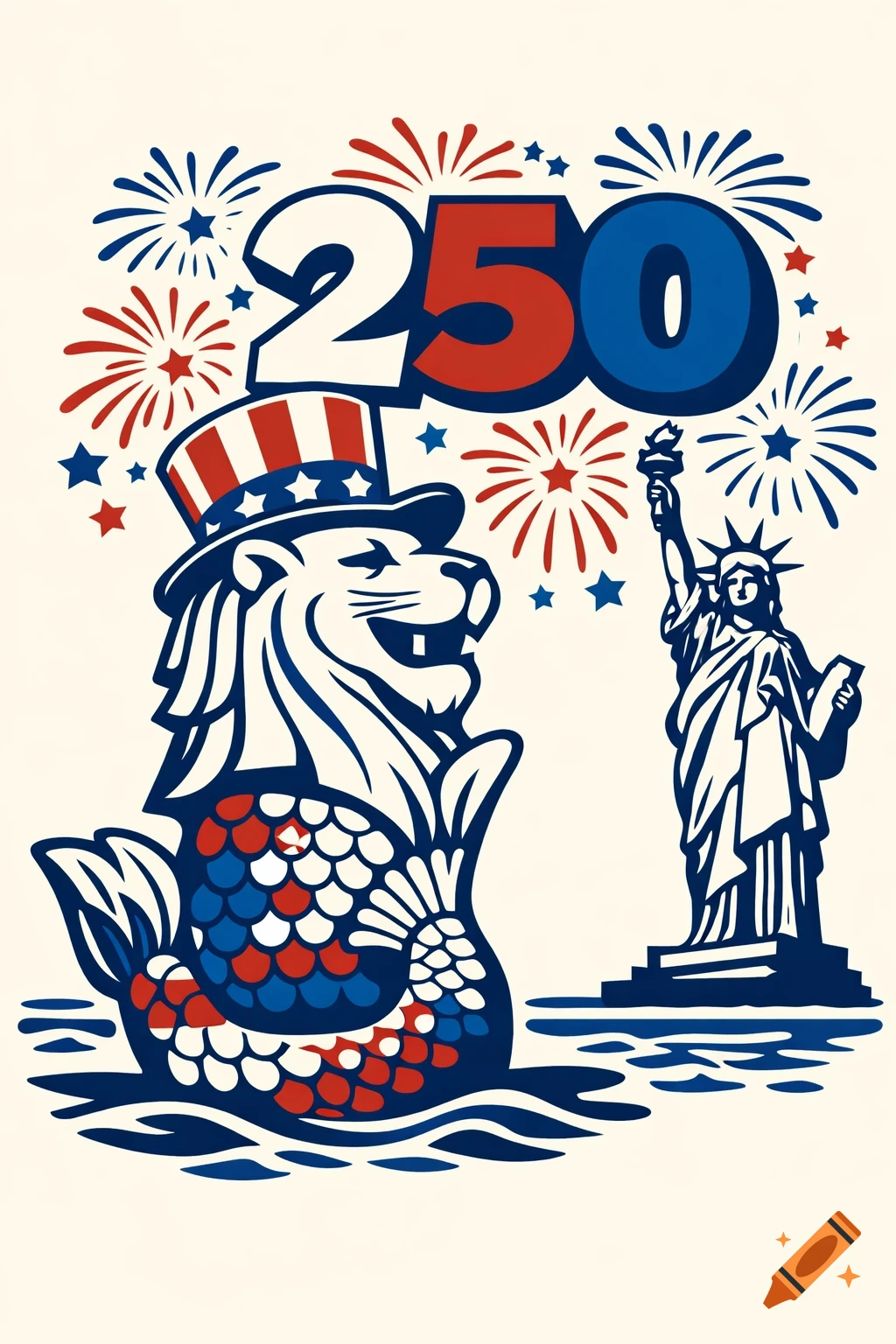 A Merlion in an American flag top hat and the Statue of Liberty, with 250 and fireworks, in a retro mascot style.