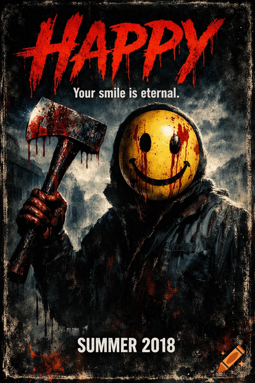 A horror movie poster with a masked killer in a blood-splattered smiley face mask holding a bloody axe. Text reads 'HAPPY' and 'Your smile is eternal.'