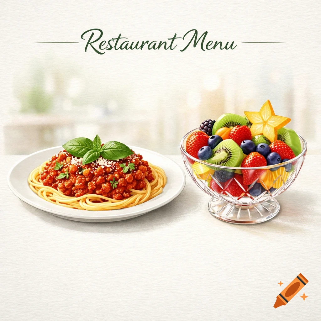 A plate of spaghetti bolognese and a crystal bowl of fruit salad with "Restaurant Menu" text, in a soft, illustrative style.