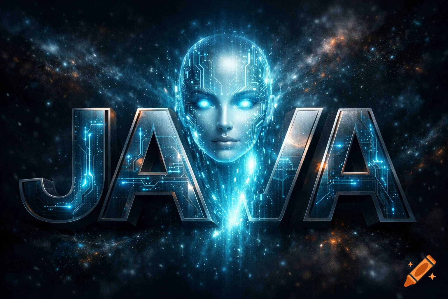 The word JAVA in metallic, circuit-patterned letters with a glowing blue AI face above it, against a starry cosmic background.