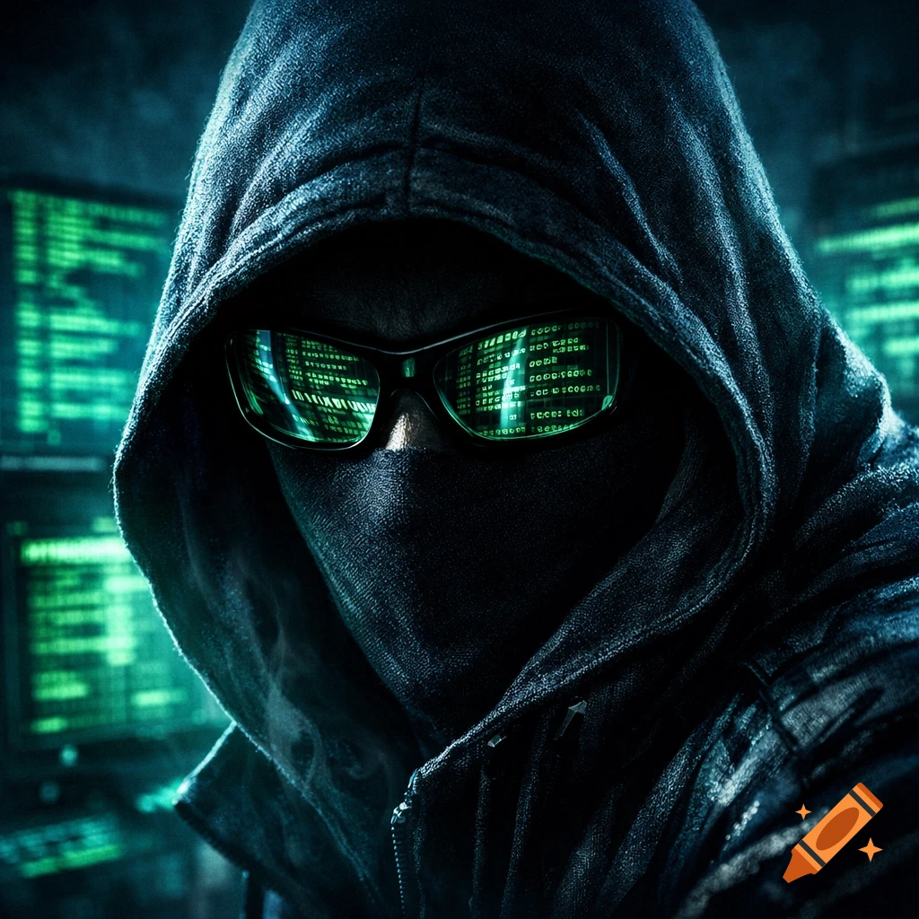 Close-up of a masked hacker in a dark hoodie with green code reflected in their glasses and on background screens, in a dark, mysterious style.