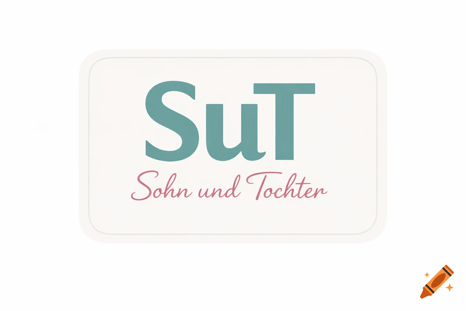 Logo with large teal 'SuT' text above smaller pink 'Sohn und Tochter' text, all within a rounded light-colored rectangle.