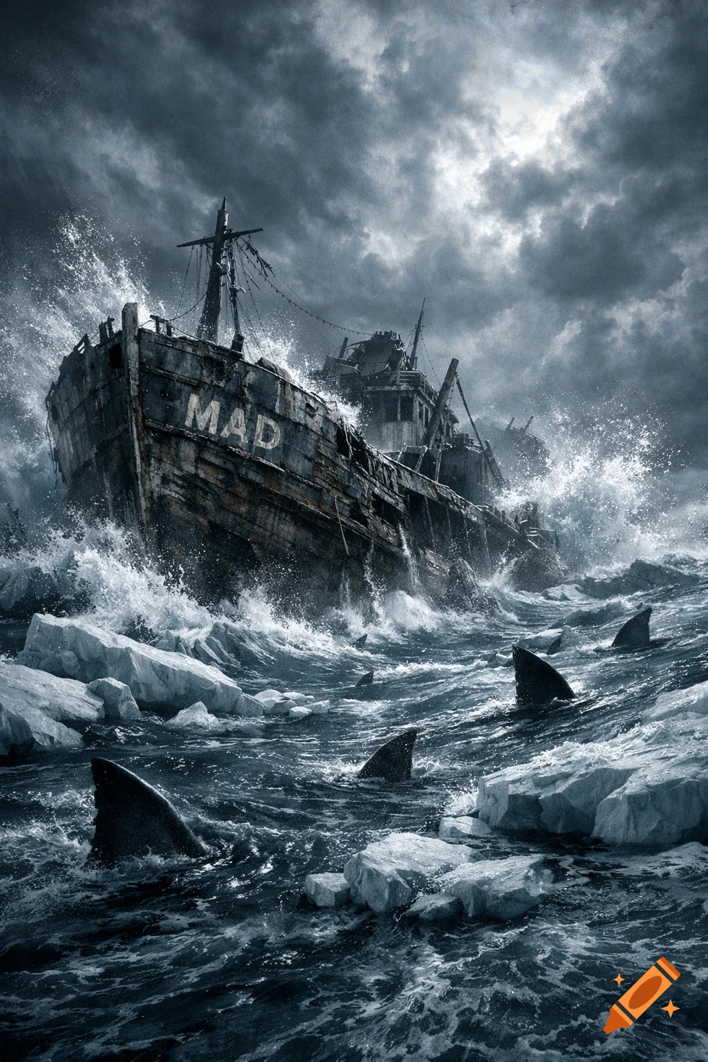 A derelict ship named MAD battling huge waves, ice floes, and sharks under a stormy sky in a dramatic, dark style.