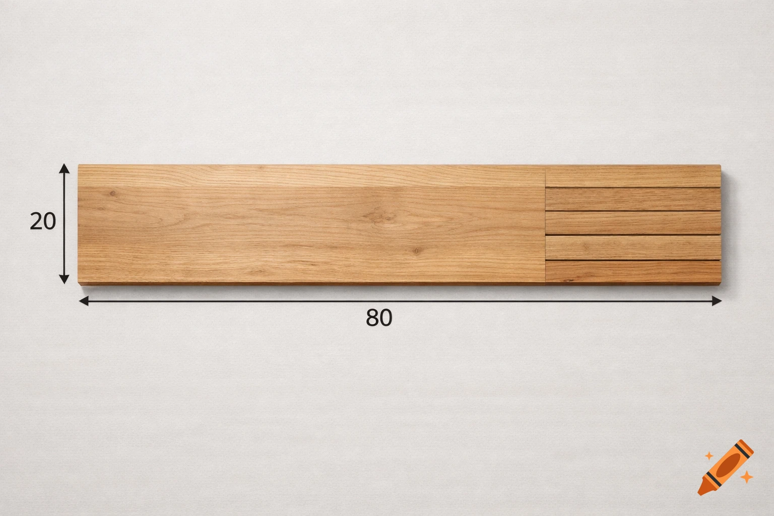 Wooden plank with dimensions 80x20 and a slotted section on a light background.