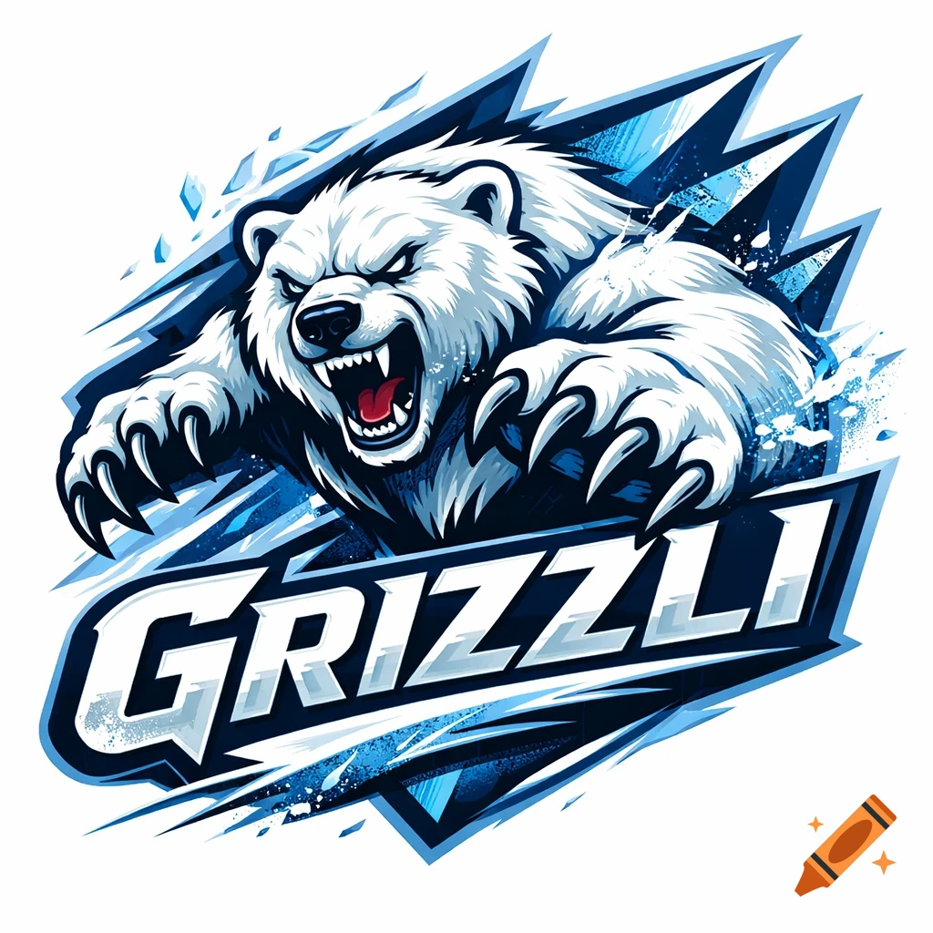 Stylized hockey logo featuring an aggressive polar bear with bared teeth and claws, bursting through ice, with the word 'GRIZZLI' on a banner.