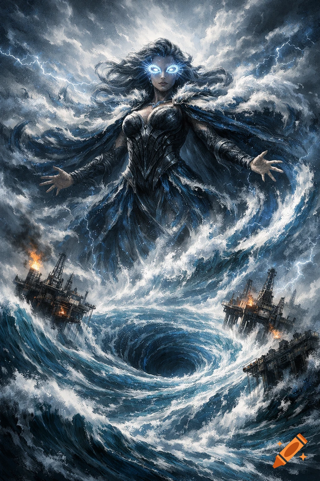 A powerful dark-haired goddess with glowing blue eyes conjures a massive storm and whirlpools, threatening oil platforms in a dramatic fantasy art style.