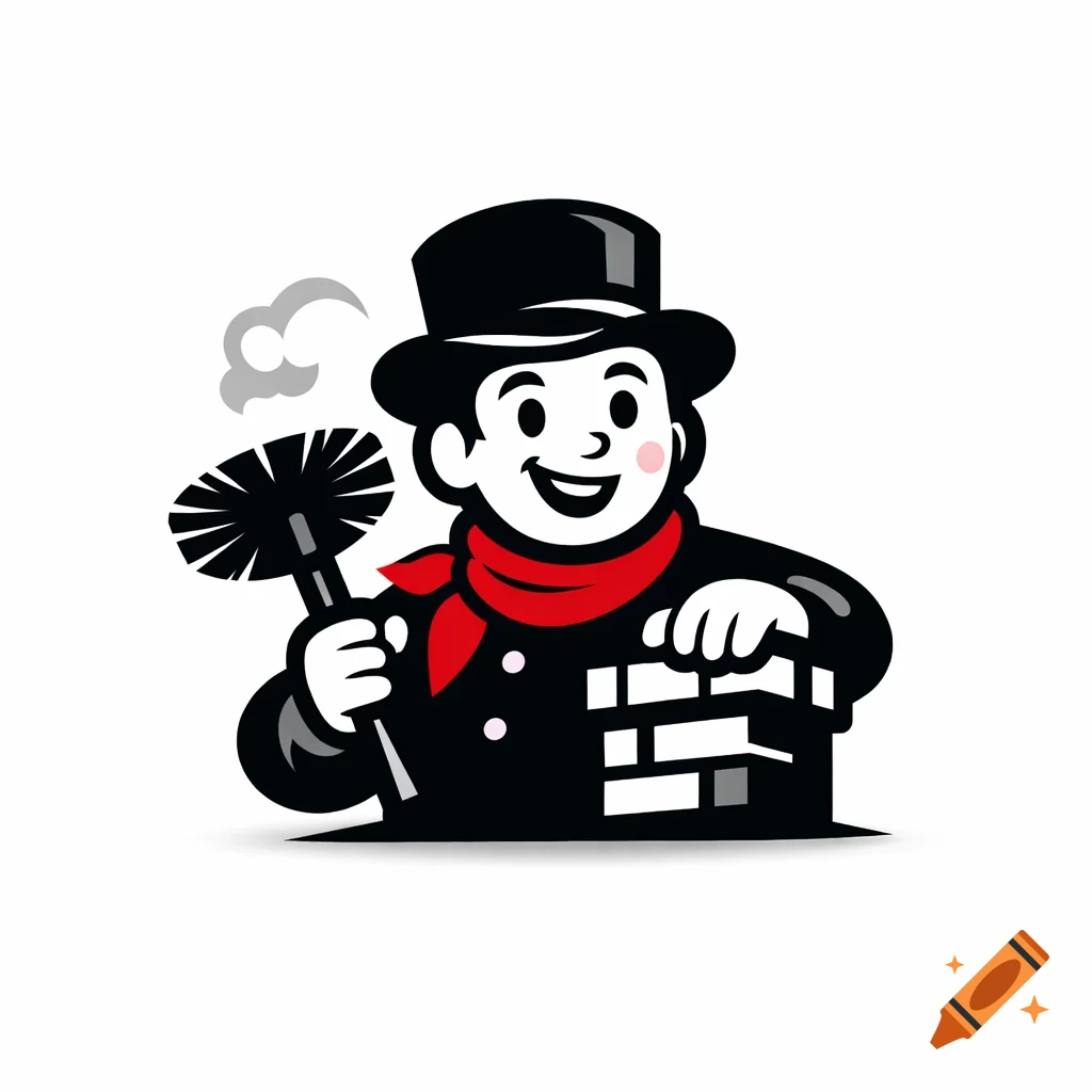 Cartoon logo of a smiling chimney sweep in a top hat holding a brush next to a brick chimney with smoke.