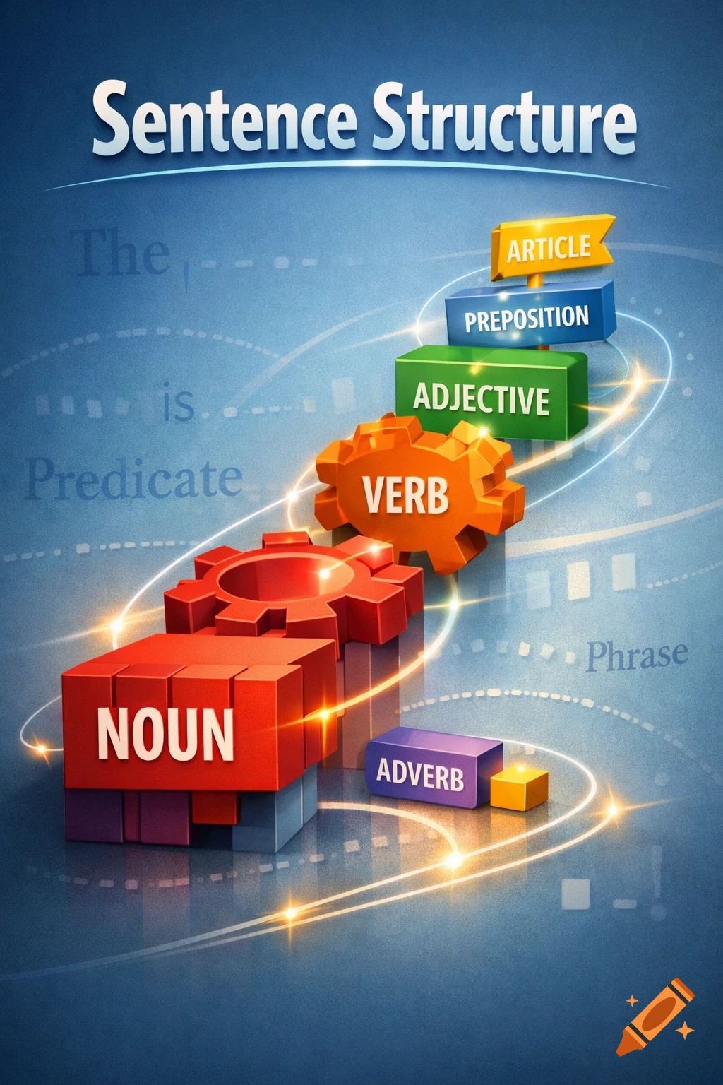 A vibrant 3D infographic showing sentence structure with colorful blocks labeled NOUN, VERB, ADJECTIVE, ARTICLE, PREPOSITION, ADVERB.