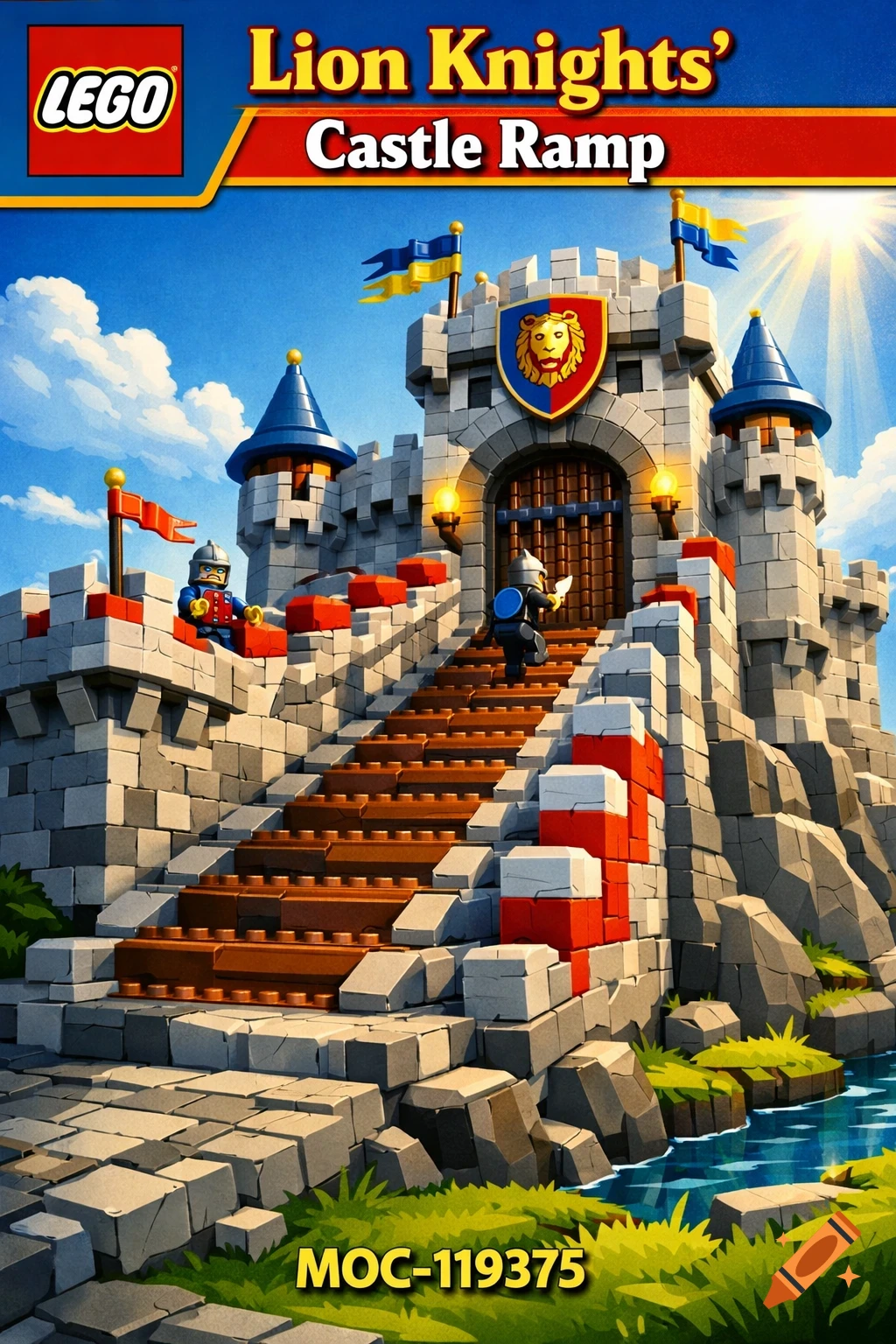 A vibrant Lego instruction cover featuring a large gray stone castle with a long ramp, blue turrets, and a lion crest. Two Lego knights are visible, one climbing the ramp and another on a wall, under a bright blue sky.