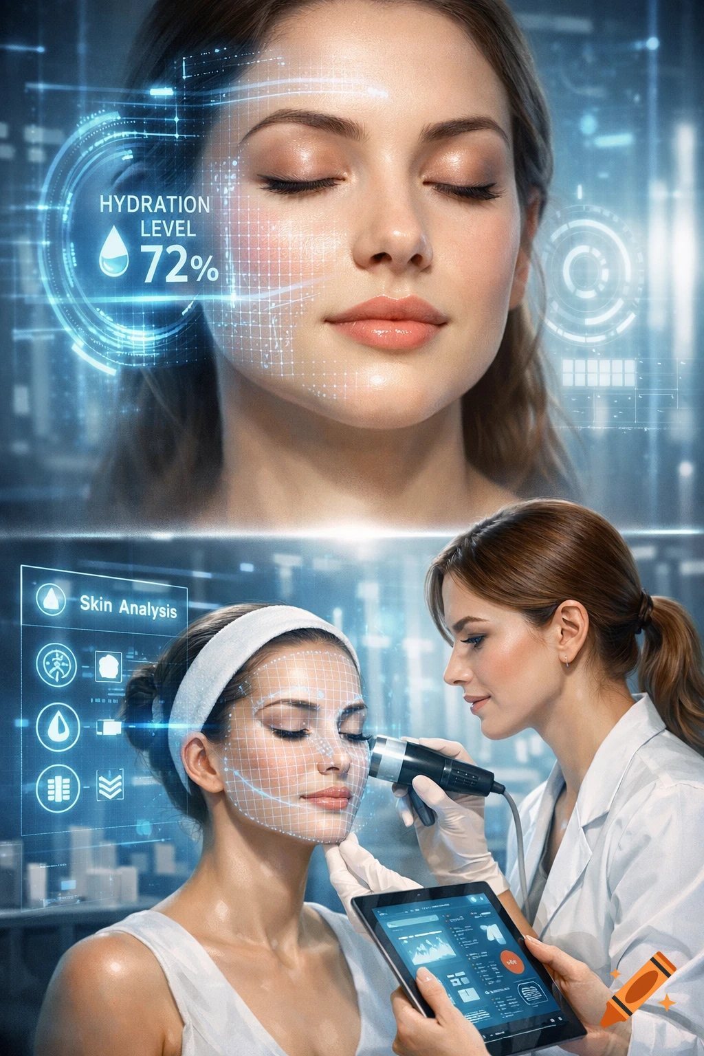 Photorealistic image of two women, one receiving AI-powered skin analysis with holographic data, another cosmetologist using a digital tablet.