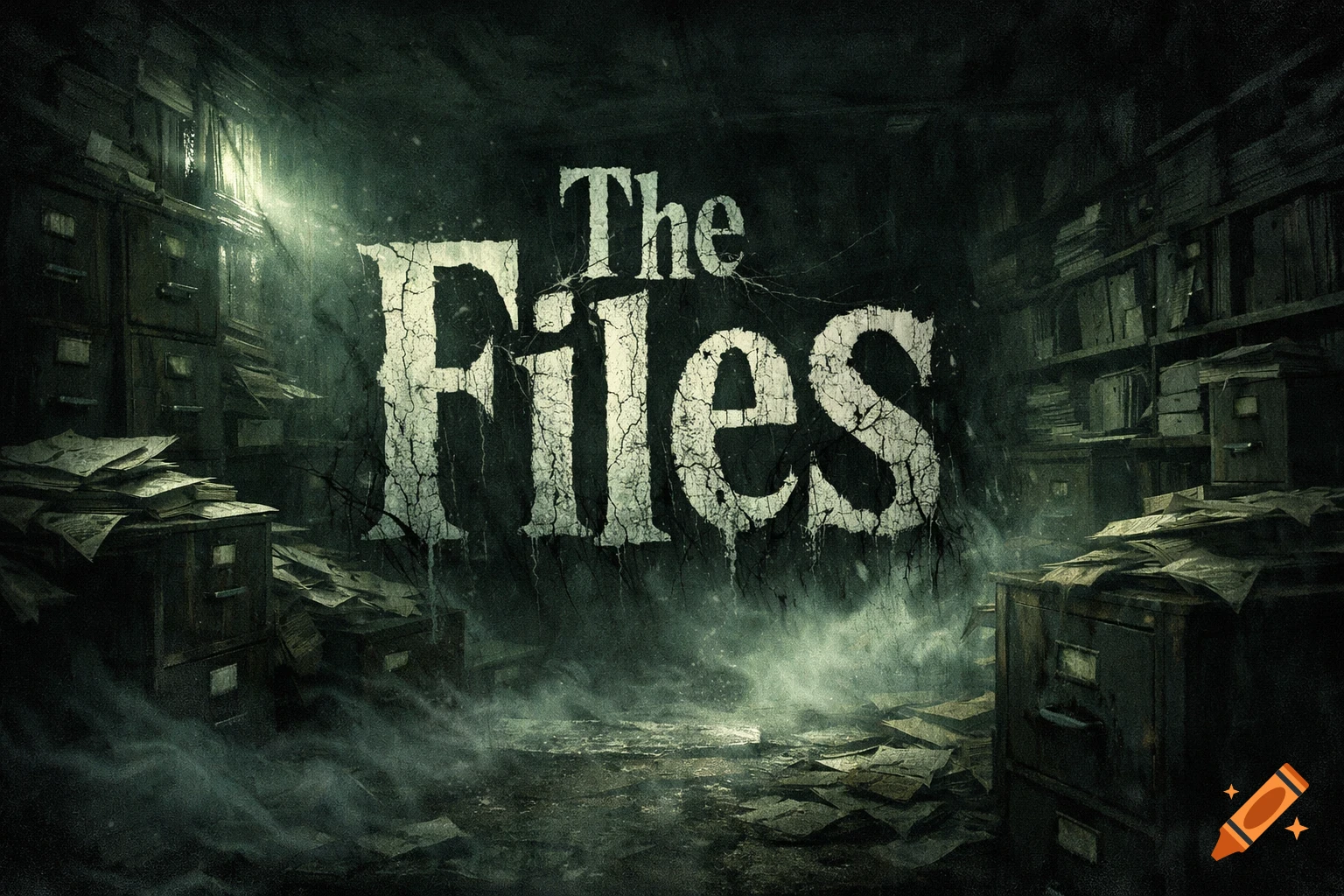 The Files title in distressed white text over a dark, grungy, abandoned room with file cabinets and scattered papers, evoking a scary ambiance.