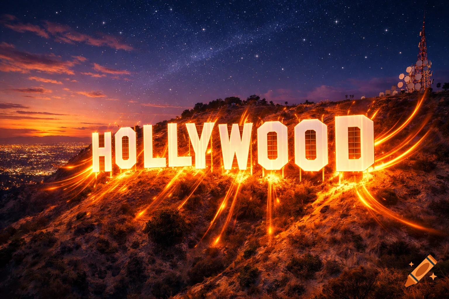The Hollywood sign glows brightly on a hillside overlooking a city at dusk, with a starry night sky above.
