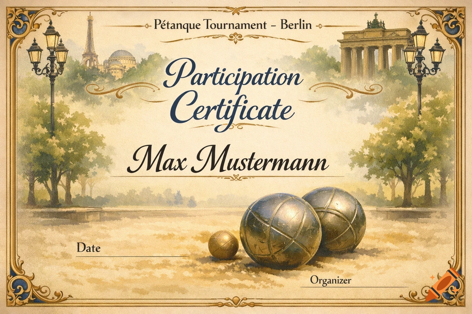 A vintage watercolor participation certificate for a Pétanque Tournament in Berlin, awarded to Max Mustermann, with landmarks, lampposts, trees, and pétanque balls.