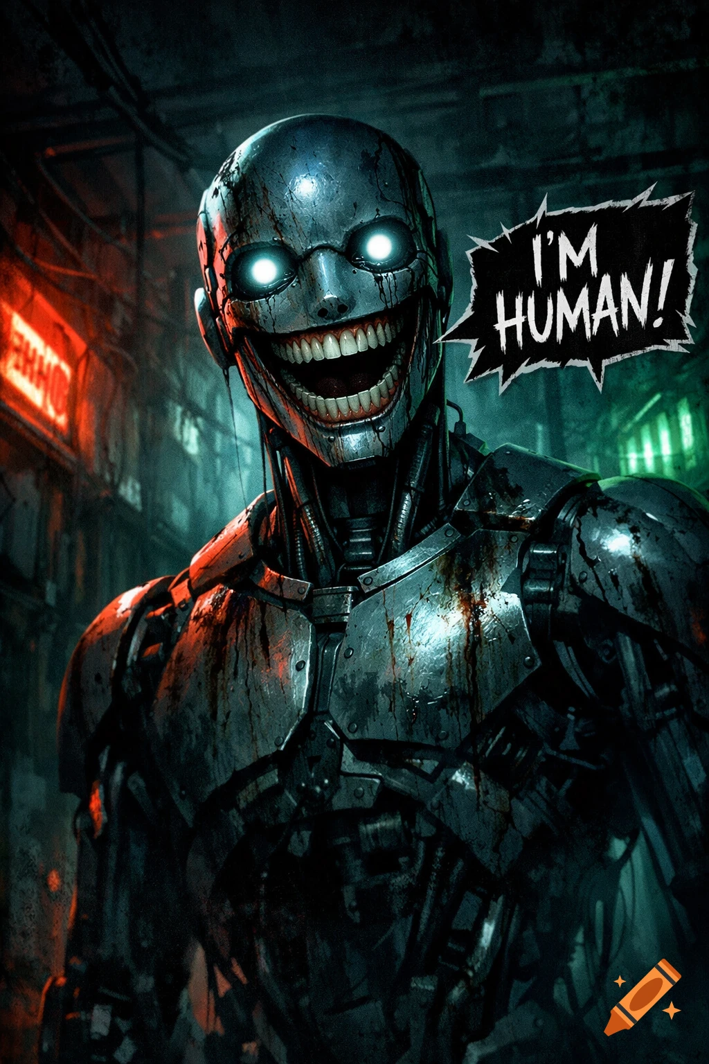 A scary, blood-splattered robot with glowing eyes and a wide, maniacal grin says 'I'M HUMAN!' in a dark, cyberpunk alley.
