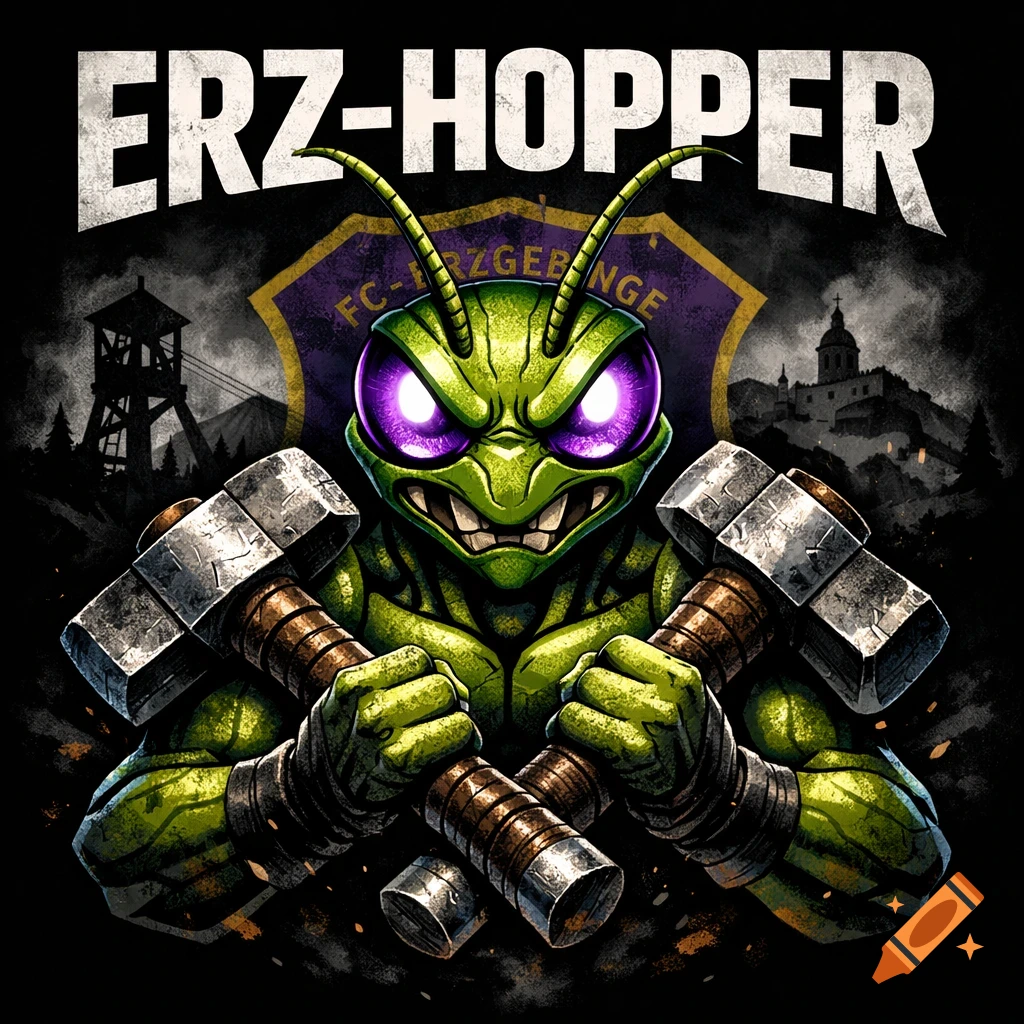 A muscular, green, comic-style grasshopper with glowing purple eyes holds two hammers in front of a club crest. Text says 'ERZ-HOPPER'.