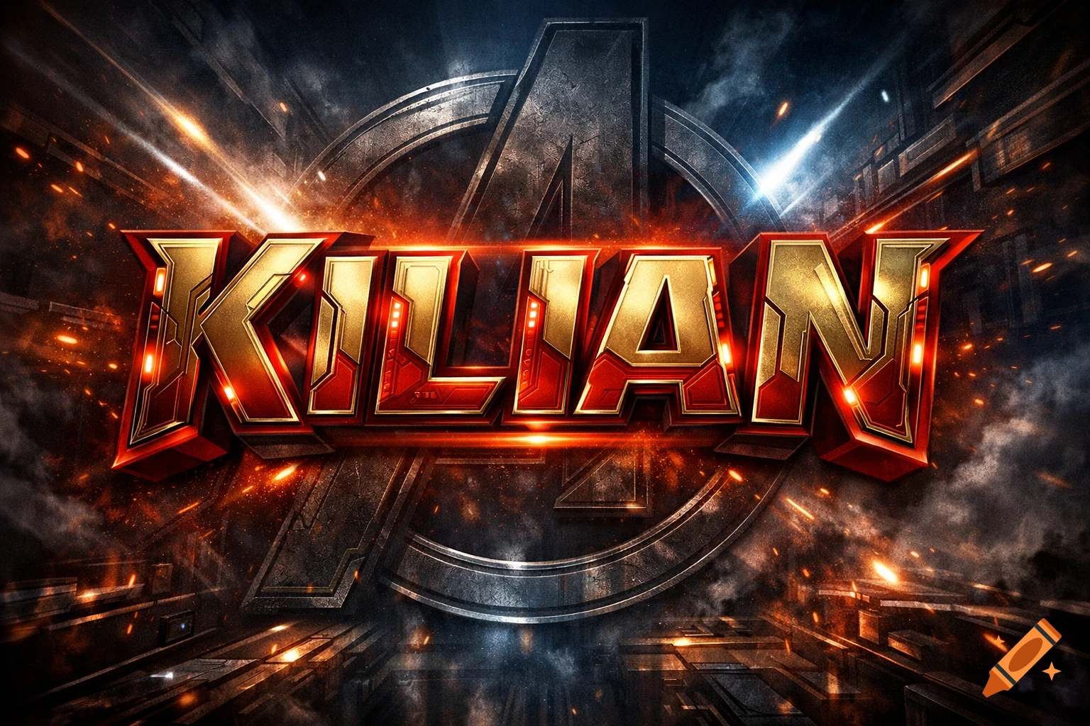 3D metallic gold and red text spelling 'KILIAN' with an Avengers-like 'A' in the background, surrounded by sparks and light streaks.