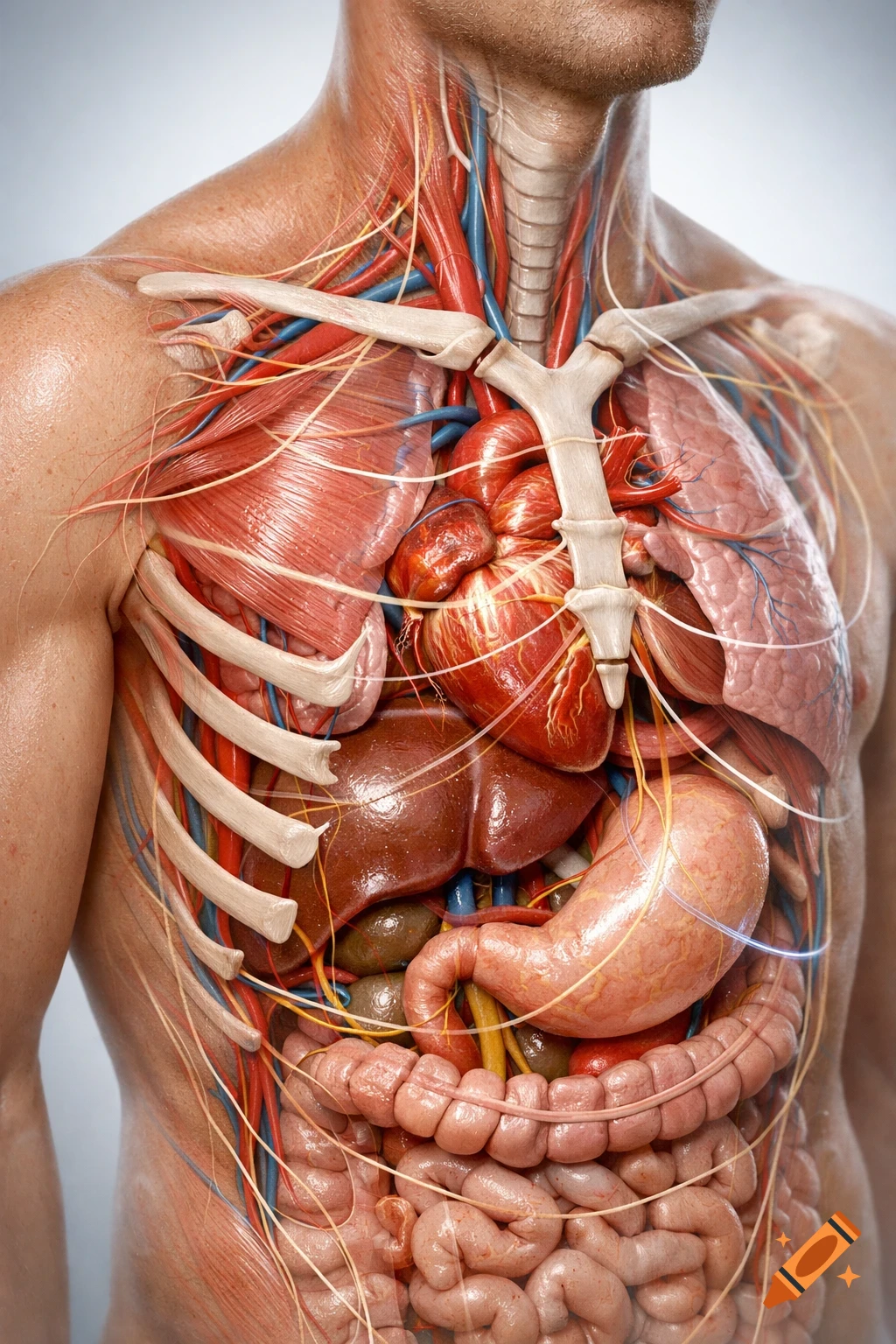 Detailed 3D render of a male human torso displaying internal organs, muscles, bones, nerves, and blood vessels.